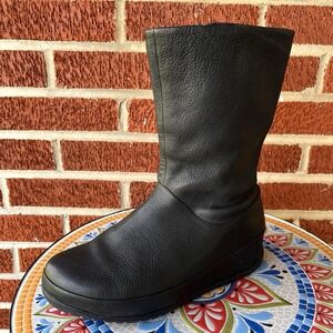 FitFlop Mid-Calf Womens 8 Black Pebbled Leather Wedge Platform Zipper Boots